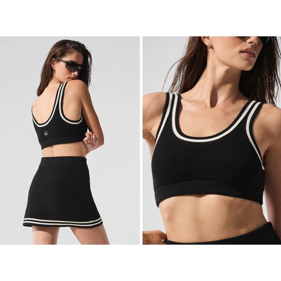 NWT $78 Alo Yoga Tennis Club Sweater Knit Bra Black White - Picture 1 of 6